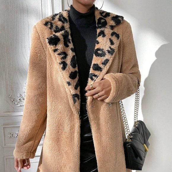 . Jackets & Blazers - Khaki Casual womens Leopard Pattern Lapel Neck Open Front Teddy Coat